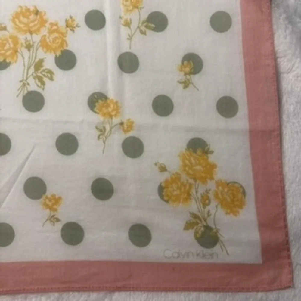 Vtg CALVIN KLEIN Scarf Handkerchief Floral Polka Dot Pink White Yellow 18